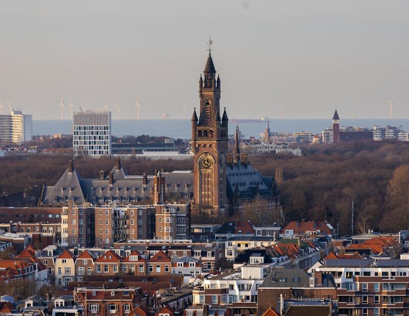 Stunning aerial shot of The Hague showcasing historic buildings in the city skyline.